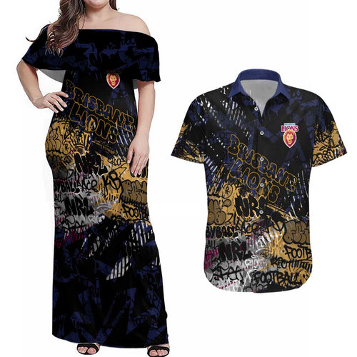 Brisbane Lions Couples Matching Off Shoulder Maxi Dress and Hawaiian Shirt Urban Graffiti Street Art - Bold Abstract Spray Paint