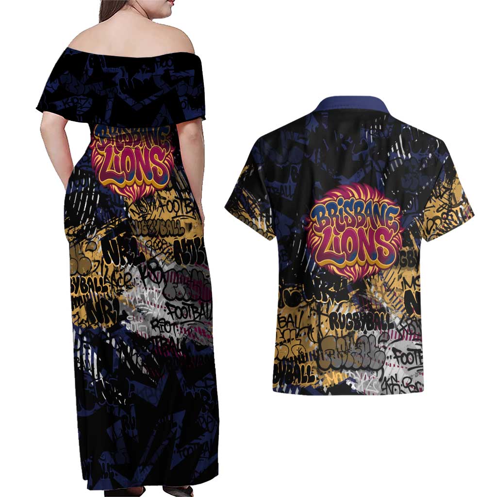 Brisbane Lions Couples Matching Off Shoulder Maxi Dress and Hawaiian Shirt Urban Graffiti Street Art - Bold Abstract Spray Paint