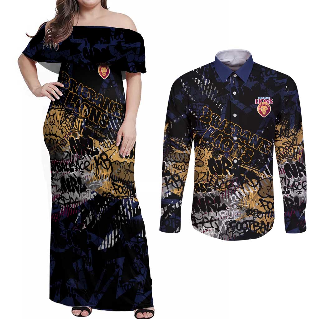 Brisbane Lions Couples Matching Off Shoulder Maxi Dress and Long Sleeve Button Shirt Urban Graffiti Street Art - Bold Abstract Spray Paint