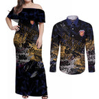 Brisbane Lions Couples Matching Off Shoulder Maxi Dress and Long Sleeve Button Shirt Urban Graffiti Street Art - Bold Abstract Spray Paint