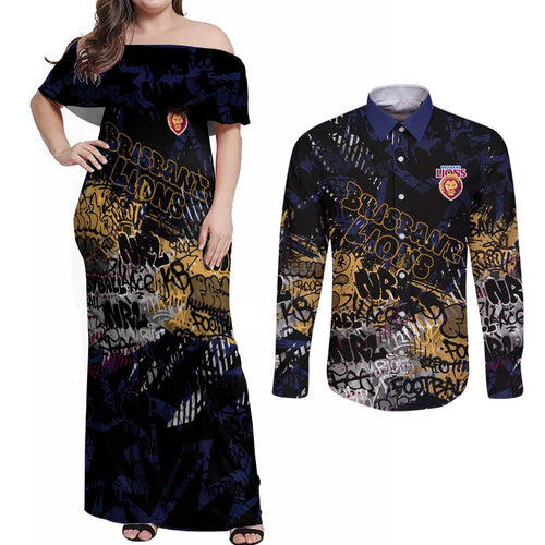 Brisbane Lions Couples Matching Off Shoulder Maxi Dress and Long Sleeve Button Shirt Urban Graffiti Street Art - Bold Abstract Spray Paint