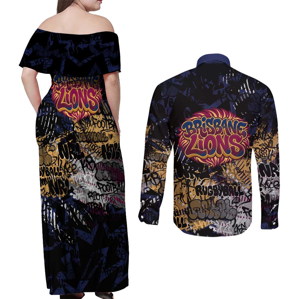Brisbane Lions Couples Matching Off Shoulder Maxi Dress and Long Sleeve Button Shirt Urban Graffiti Street Art - Bold Abstract Spray Paint