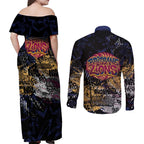 Brisbane Lions Couples Matching Off Shoulder Maxi Dress and Long Sleeve Button Shirt Urban Graffiti Street Art - Bold Abstract Spray Paint