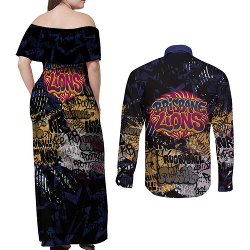 Brisbane Lions Couples Matching Off Shoulder Maxi Dress and Long Sleeve Button Shirt Urban Graffiti Street Art - Bold Abstract Spray Paint