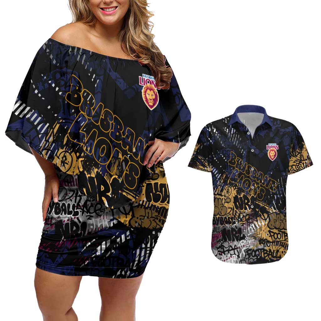 Brisbane Lions Couples Matching Off Shoulder Short Dress and Hawaiian Shirt Urban Graffiti Street Art - Bold Abstract Spray Paint