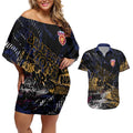 Brisbane Lions Couples Matching Off Shoulder Short Dress and Hawaiian Shirt Urban Graffiti Street Art - Bold Abstract Spray Paint