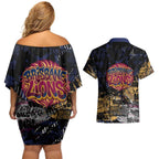 Brisbane Lions Couples Matching Off Shoulder Short Dress and Hawaiian Shirt Urban Graffiti Street Art - Bold Abstract Spray Paint