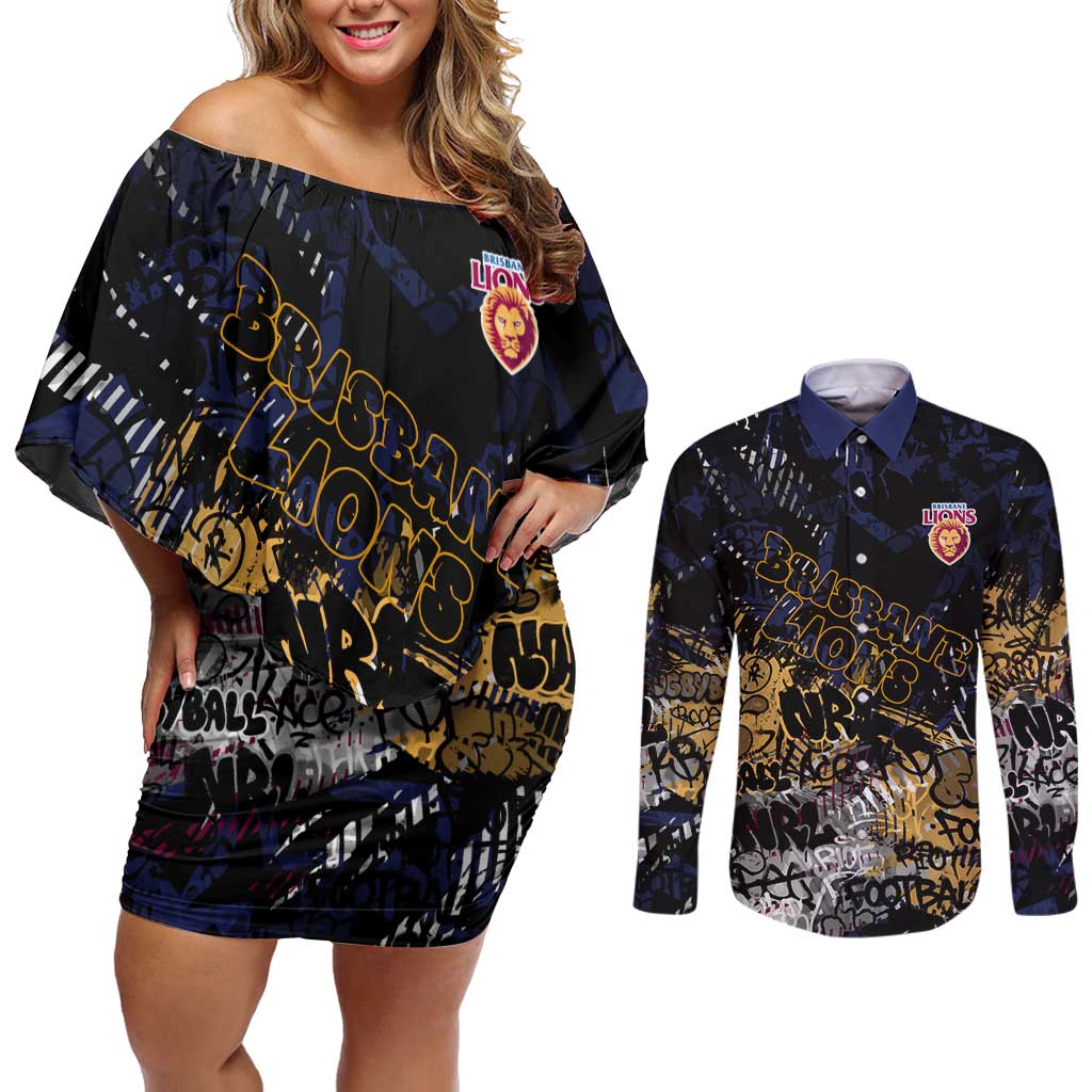 Brisbane Lions Couples Matching Off Shoulder Short Dress and Long Sleeve Button Shirt Urban Graffiti Street Art - Bold Abstract Spray Paint