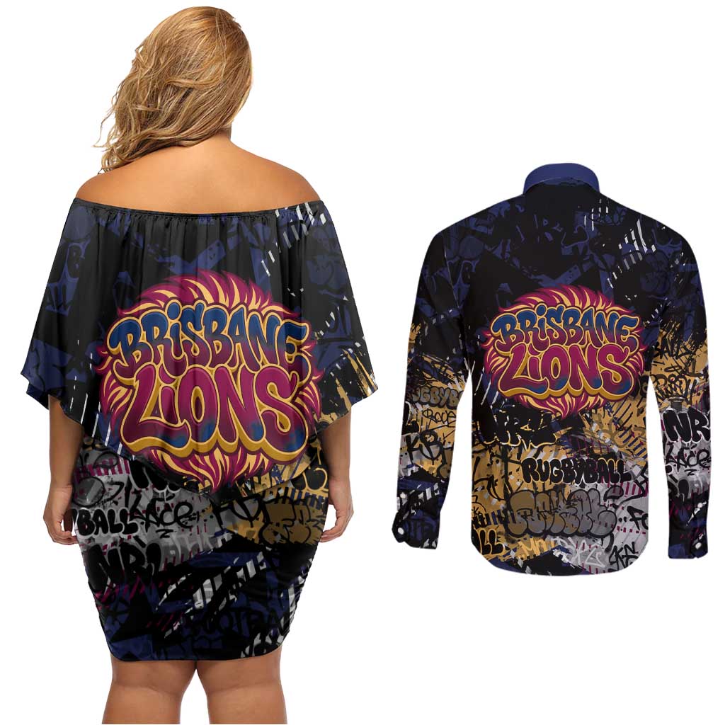 Brisbane Lions Couples Matching Off Shoulder Short Dress and Long Sleeve Button Shirt Urban Graffiti Street Art - Bold Abstract Spray Paint