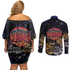 Brisbane Lions Couples Matching Off Shoulder Short Dress and Long Sleeve Button Shirt Urban Graffiti Street Art - Bold Abstract Spray Paint
