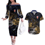 Brisbane Lions Couples Matching Off The Shoulder Long Sleeve Dress and Hawaiian Shirt Urban Graffiti Street Art - Bold Abstract Spray Paint