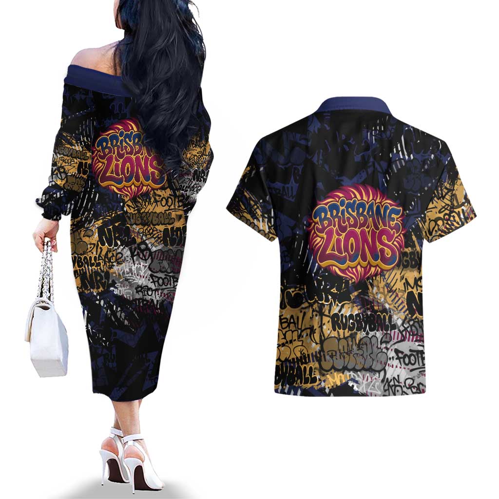 Brisbane Lions Couples Matching Off The Shoulder Long Sleeve Dress and Hawaiian Shirt Urban Graffiti Street Art - Bold Abstract Spray Paint