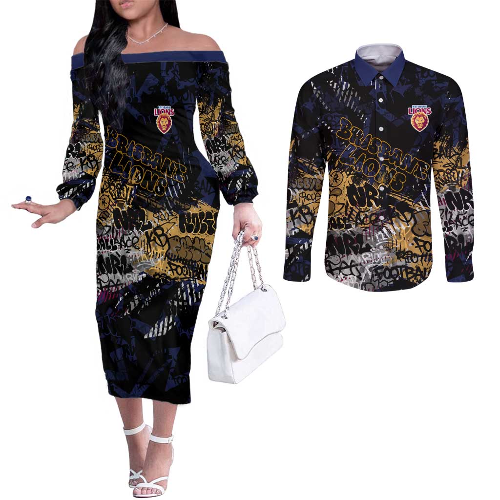 Brisbane Lions Couples Matching Off The Shoulder Long Sleeve Dress and Long Sleeve Button Shirt Urban Graffiti Street Art - Bold Abstract Spray Paint