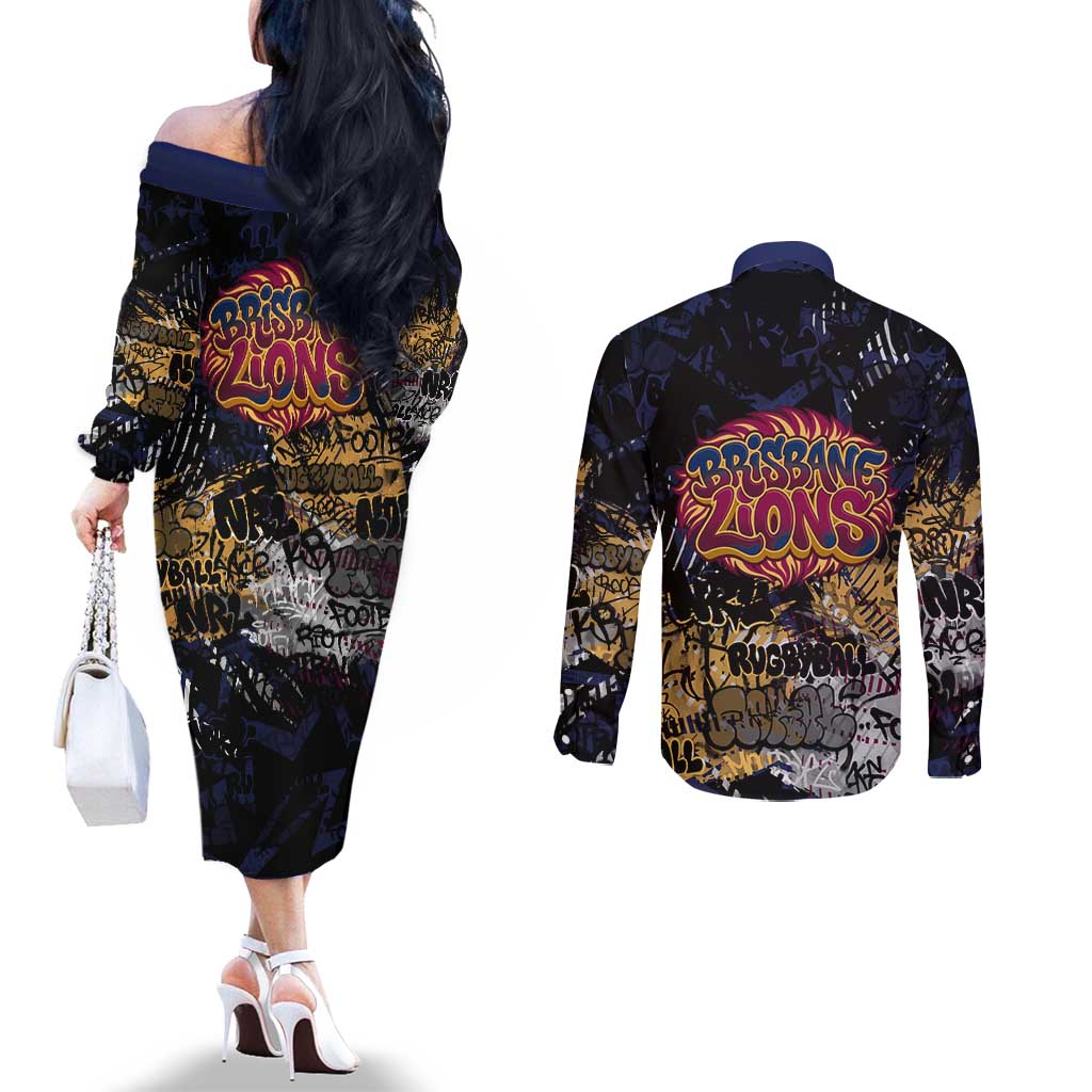 Brisbane Lions Couples Matching Off The Shoulder Long Sleeve Dress and Long Sleeve Button Shirt Urban Graffiti Street Art - Bold Abstract Spray Paint