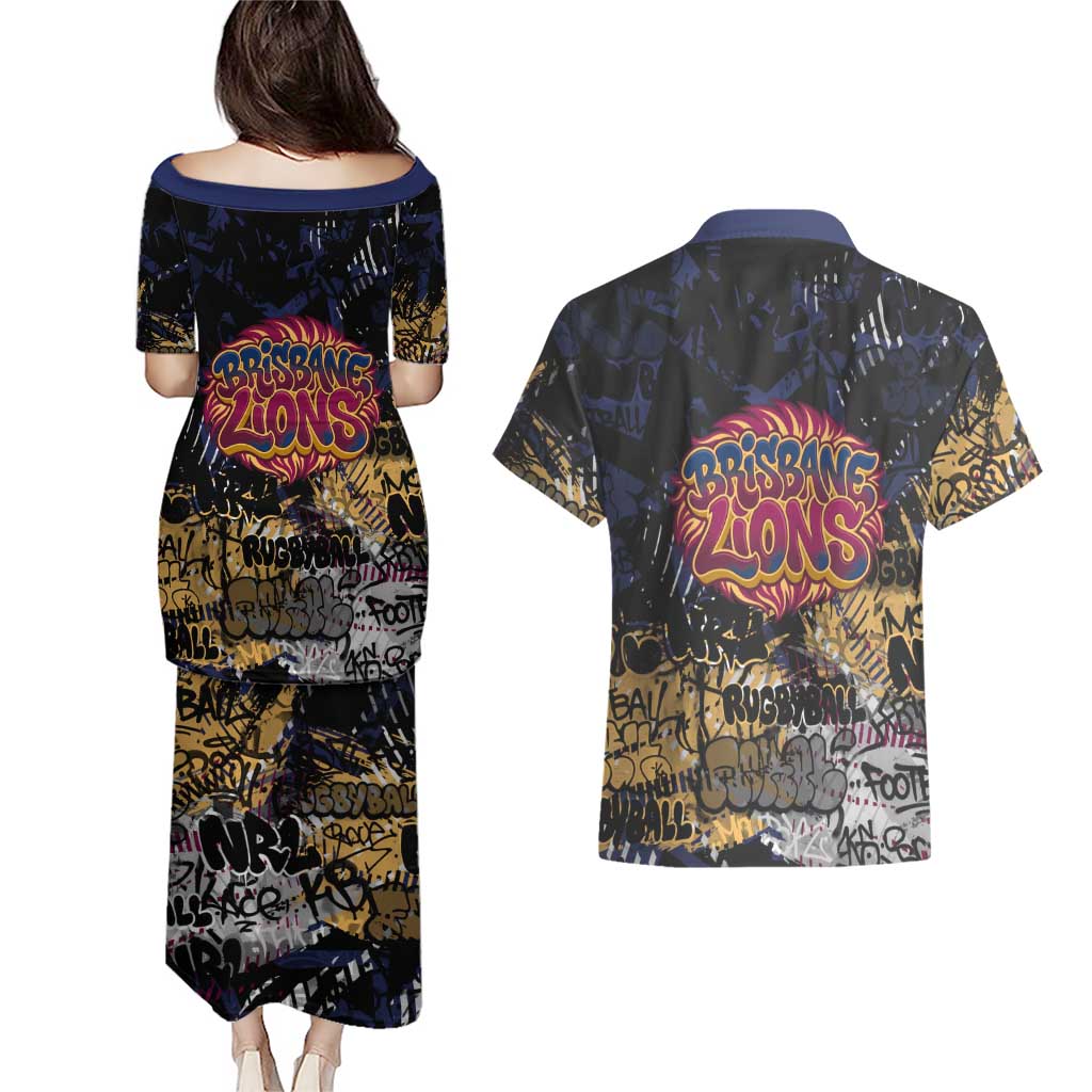 Brisbane Lions Couples Matching Puletasi and Hawaiian Shirt Urban Graffiti Street Art - Bold Abstract Spray Paint