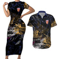 Brisbane Lions Couples Matching Short Sleeve Bodycon Dress and Hawaiian Shirt Urban Graffiti Street Art - Bold Abstract Spray Paint