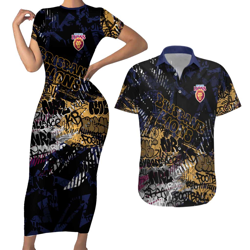 Brisbane Lions Couples Matching Short Sleeve Bodycon Dress and Hawaiian Shirt Urban Graffiti Street Art - Bold Abstract Spray Paint