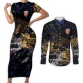 Brisbane Lions Couples Matching Short Sleeve Bodycon Dress and Long Sleeve Button Shirt Urban Graffiti Street Art - Bold Abstract Spray Paint