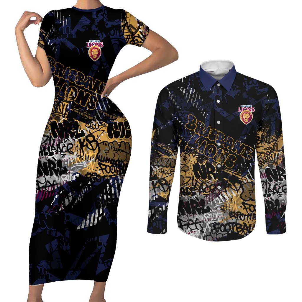 Brisbane Lions Couples Matching Short Sleeve Bodycon Dress and Long Sleeve Button Shirt Urban Graffiti Street Art - Bold Abstract Spray Paint