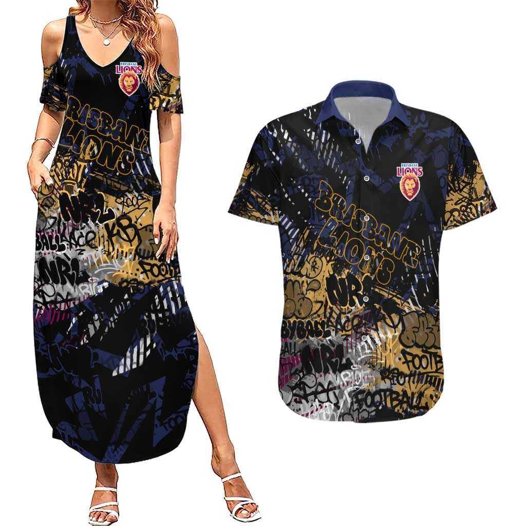 Brisbane Lions Couples Matching Summer Maxi Dress and Hawaiian Shirt Urban Graffiti Street Art - Bold Abstract Spray Paint