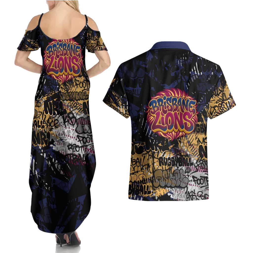 Brisbane Lions Couples Matching Summer Maxi Dress and Hawaiian Shirt Urban Graffiti Street Art - Bold Abstract Spray Paint