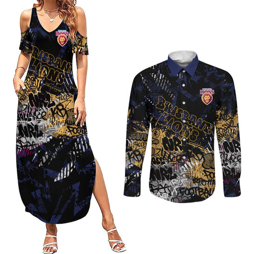 Brisbane Lions Couples Matching Summer Maxi Dress and Long Sleeve Button Shirt Urban Graffiti Street Art - Bold Abstract Spray Paint