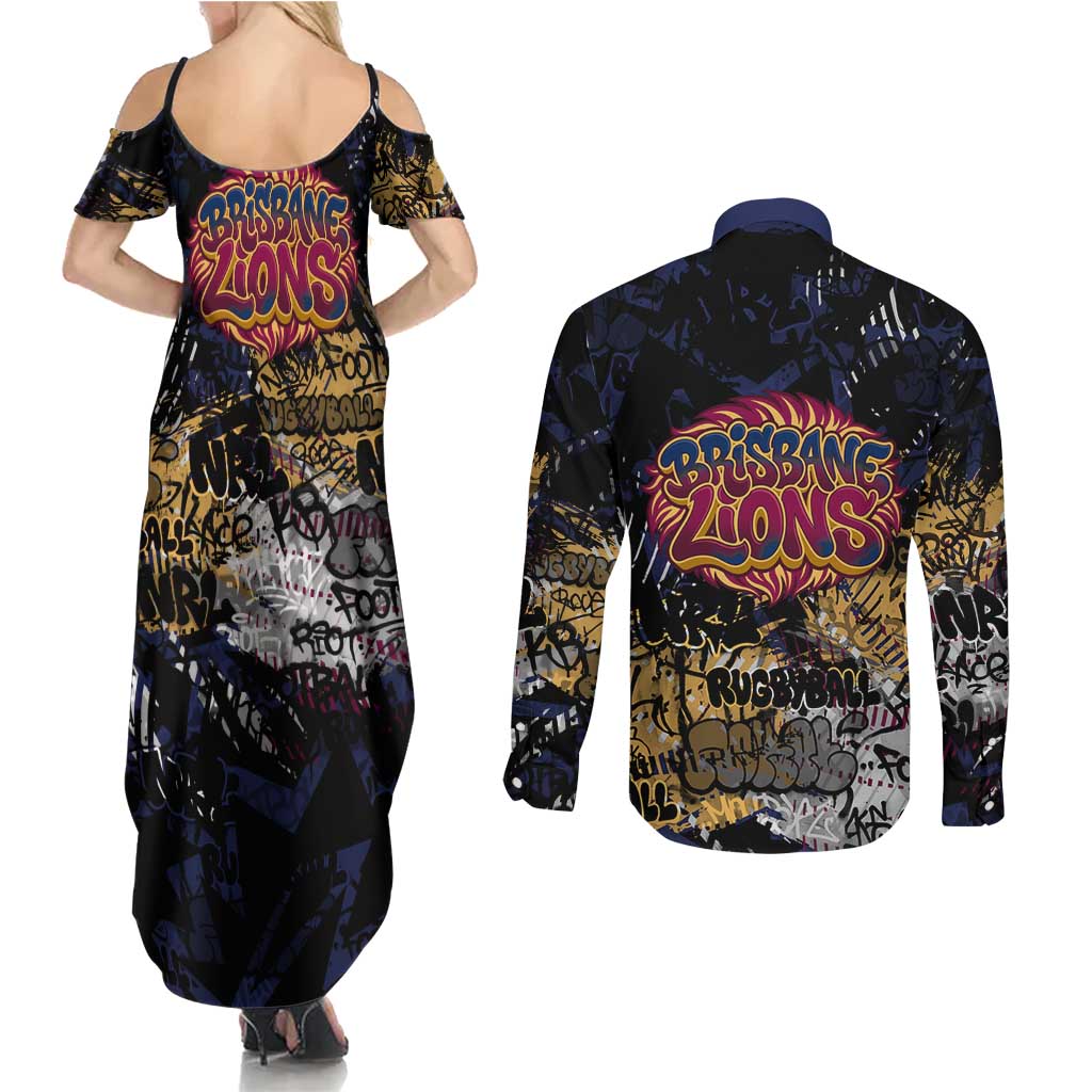 Brisbane Lions Couples Matching Summer Maxi Dress and Long Sleeve Button Shirt Urban Graffiti Street Art - Bold Abstract Spray Paint