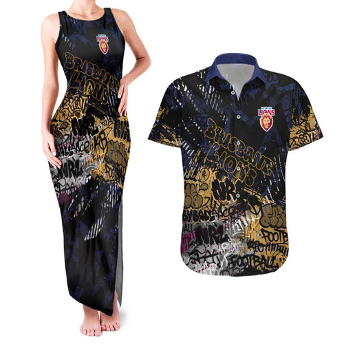 Brisbane Lions Couples Matching Tank Maxi Dress and Hawaiian Shirt Urban Graffiti Street Art - Bold Abstract Spray Paint