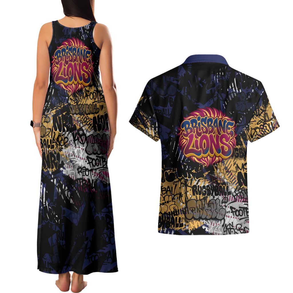 Brisbane Lions Couples Matching Tank Maxi Dress and Hawaiian Shirt Urban Graffiti Street Art - Bold Abstract Spray Paint