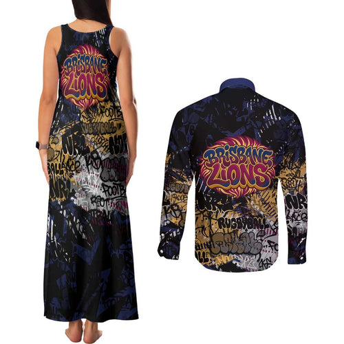 Brisbane Lions Couples Matching Tank Maxi Dress and Long Sleeve Button Shirt Urban Graffiti Street Art - Bold Abstract Spray Paint