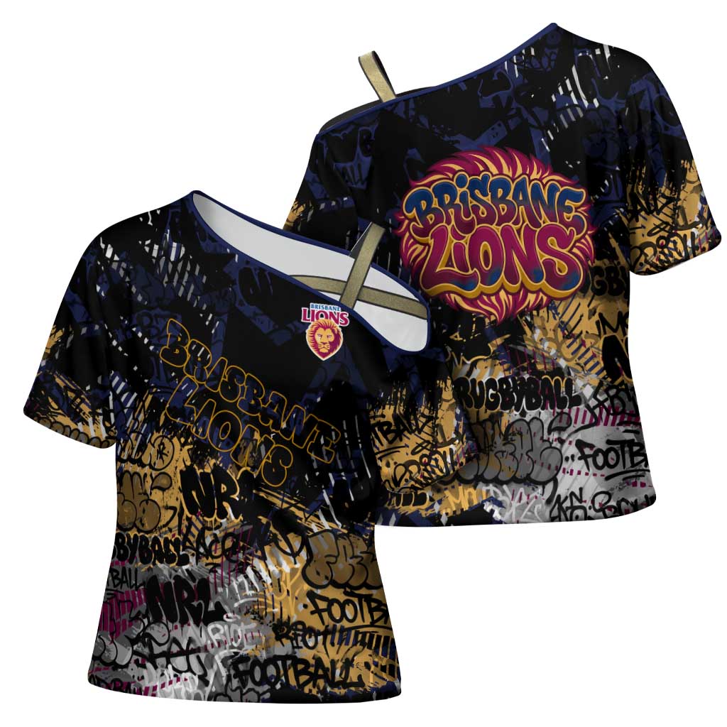 Brisbane Lions Cross Shoulder Shirt Urban Graffiti Street Art - Bold Abstract Spray Paint