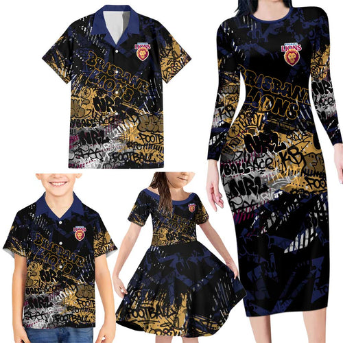Brisbane Lions Family Matching Long Sleeve Bodycon Dress and Hawaiian Shirt Urban Graffiti Street Art - Bold Abstract Spray Paint