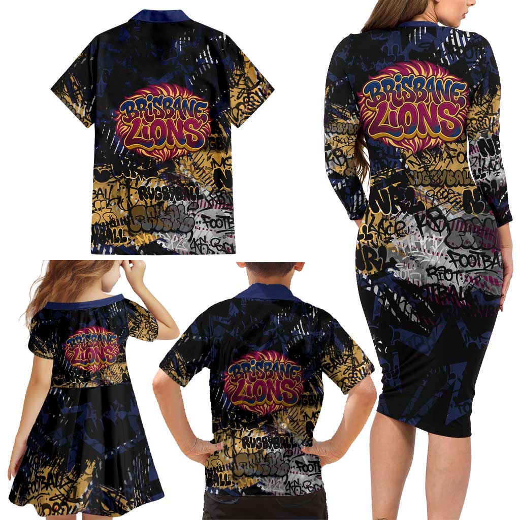 Brisbane Lions Family Matching Long Sleeve Bodycon Dress and Hawaiian Shirt Urban Graffiti Street Art - Bold Abstract Spray Paint