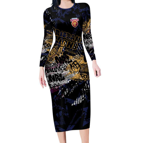 Brisbane Lions Family Matching Long Sleeve Bodycon Dress and Hawaiian Shirt Urban Graffiti Street Art - Bold Abstract Spray Paint