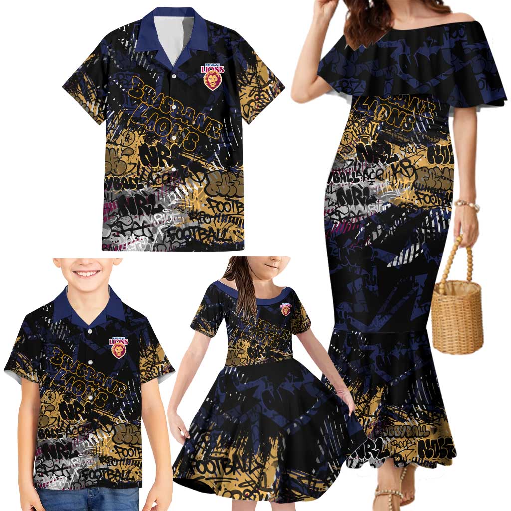 Brisbane Lions Family Matching Mermaid Dress and Hawaiian Shirt Urban Graffiti Street Art - Bold Abstract Spray Paint
