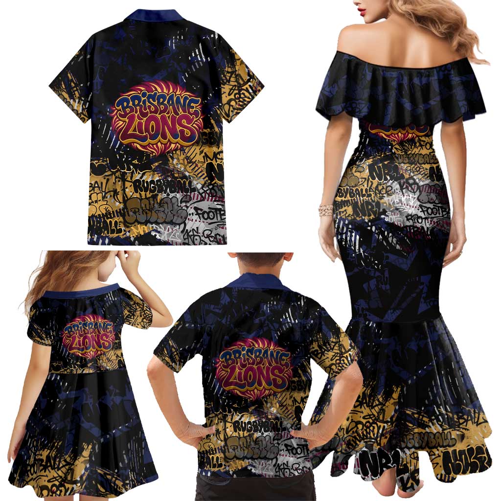 Brisbane Lions Family Matching Mermaid Dress and Hawaiian Shirt Urban Graffiti Street Art - Bold Abstract Spray Paint