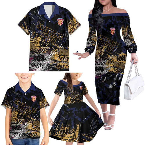 Brisbane Lions Family Matching Off The Shoulder Long Sleeve Dress and Hawaiian Shirt Urban Graffiti Street Art - Bold Abstract Spray Paint