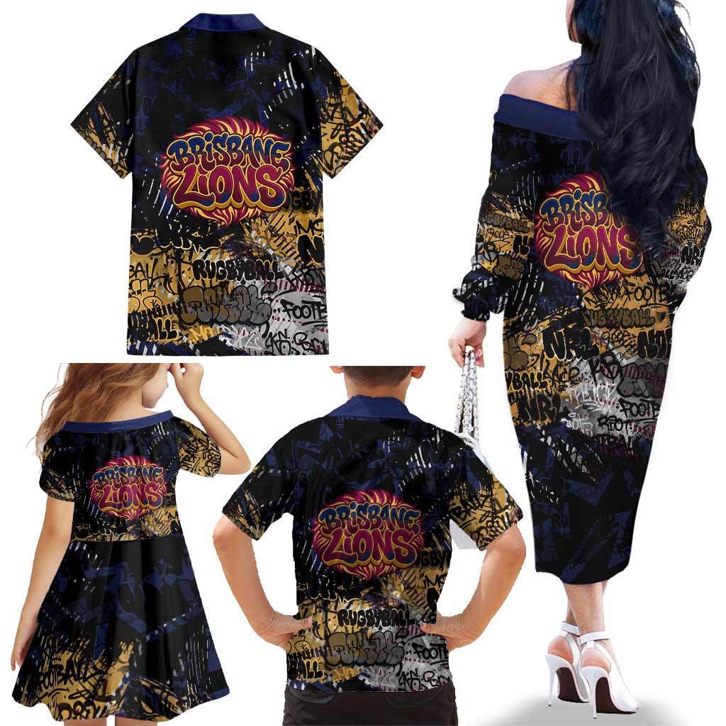 Brisbane Lions Family Matching Off The Shoulder Long Sleeve Dress and Hawaiian Shirt Urban Graffiti Street Art - Bold Abstract Spray Paint