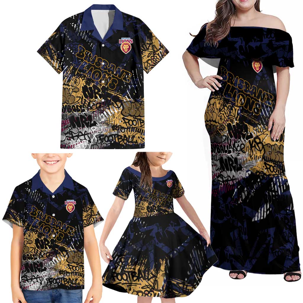 Brisbane Lions Family Matching Off Shoulder Maxi Dress and Hawaiian Shirt Urban Graffiti Street Art - Bold Abstract Spray Paint