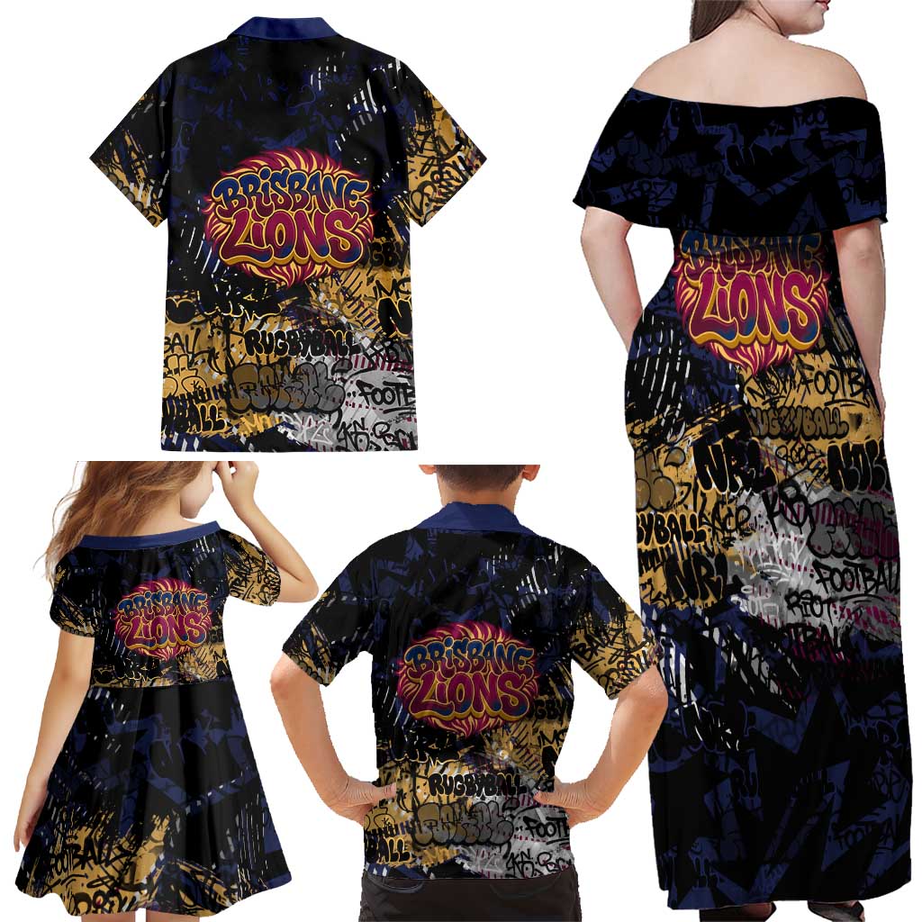 Brisbane Lions Family Matching Off Shoulder Maxi Dress and Hawaiian Shirt Urban Graffiti Street Art - Bold Abstract Spray Paint