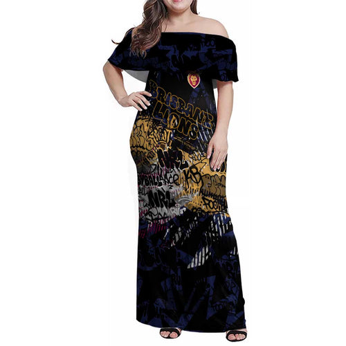 Brisbane Lions Family Matching Off Shoulder Maxi Dress and Hawaiian Shirt Urban Graffiti Street Art - Bold Abstract Spray Paint