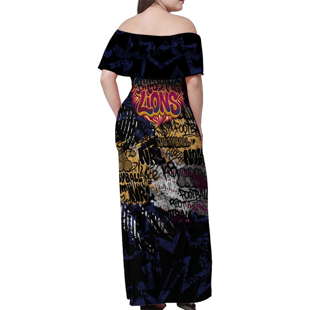 Brisbane Lions Family Matching Off Shoulder Maxi Dress and Hawaiian Shirt Urban Graffiti Street Art - Bold Abstract Spray Paint