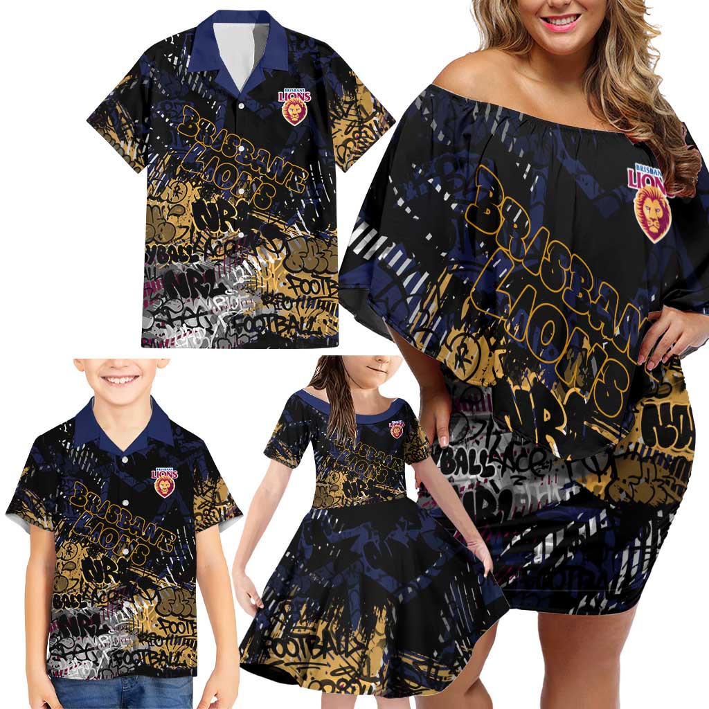 Brisbane Lions Family Matching Off Shoulder Short Dress and Hawaiian Shirt Urban Graffiti Street Art - Bold Abstract Spray Paint