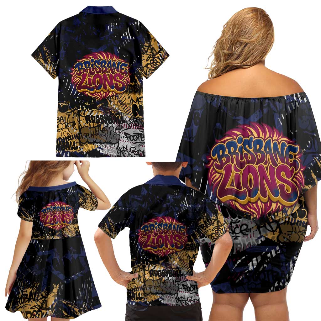 Brisbane Lions Family Matching Off Shoulder Short Dress and Hawaiian Shirt Urban Graffiti Street Art - Bold Abstract Spray Paint