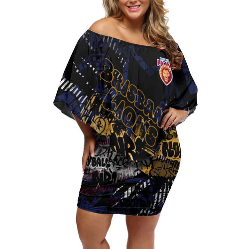 Brisbane Lions Family Matching Off Shoulder Short Dress and Hawaiian Shirt Urban Graffiti Street Art - Bold Abstract Spray Paint