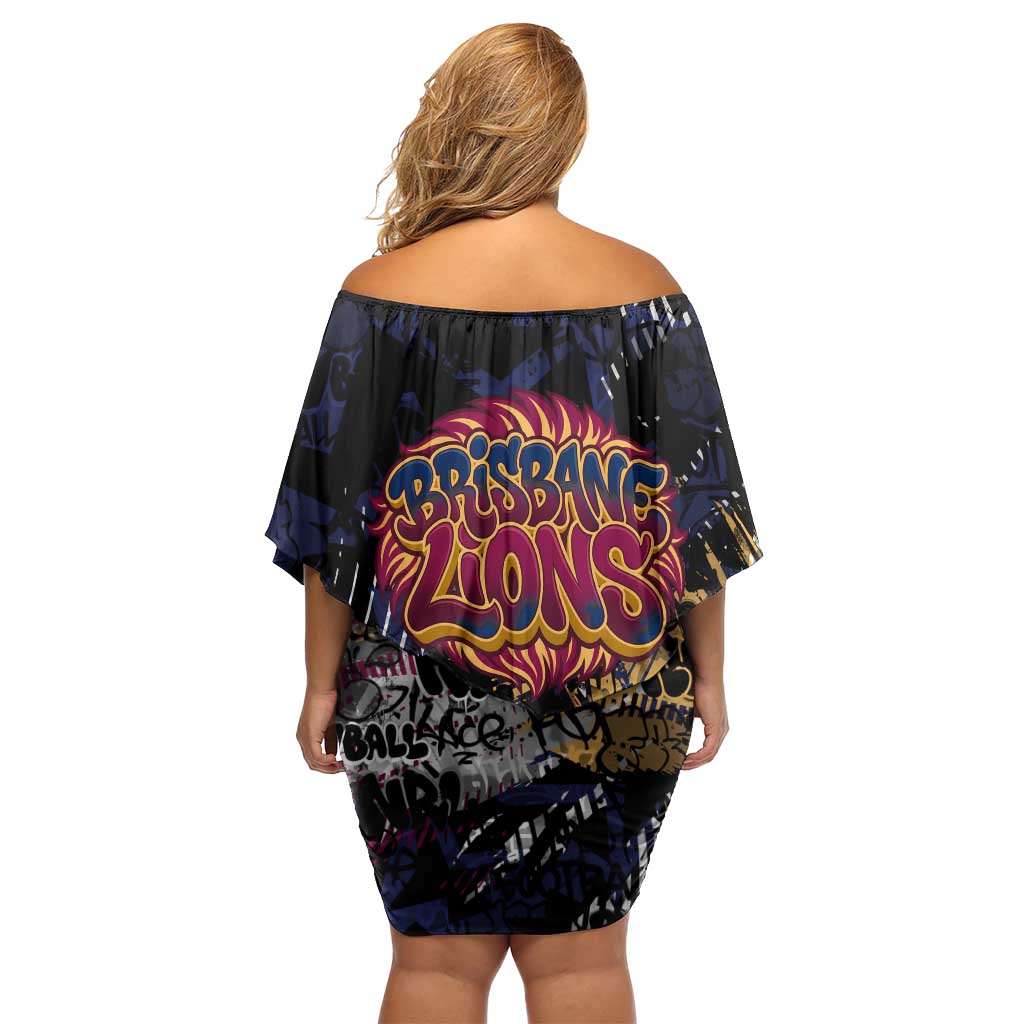 Brisbane Lions Family Matching Off Shoulder Short Dress and Hawaiian Shirt Urban Graffiti Street Art - Bold Abstract Spray Paint