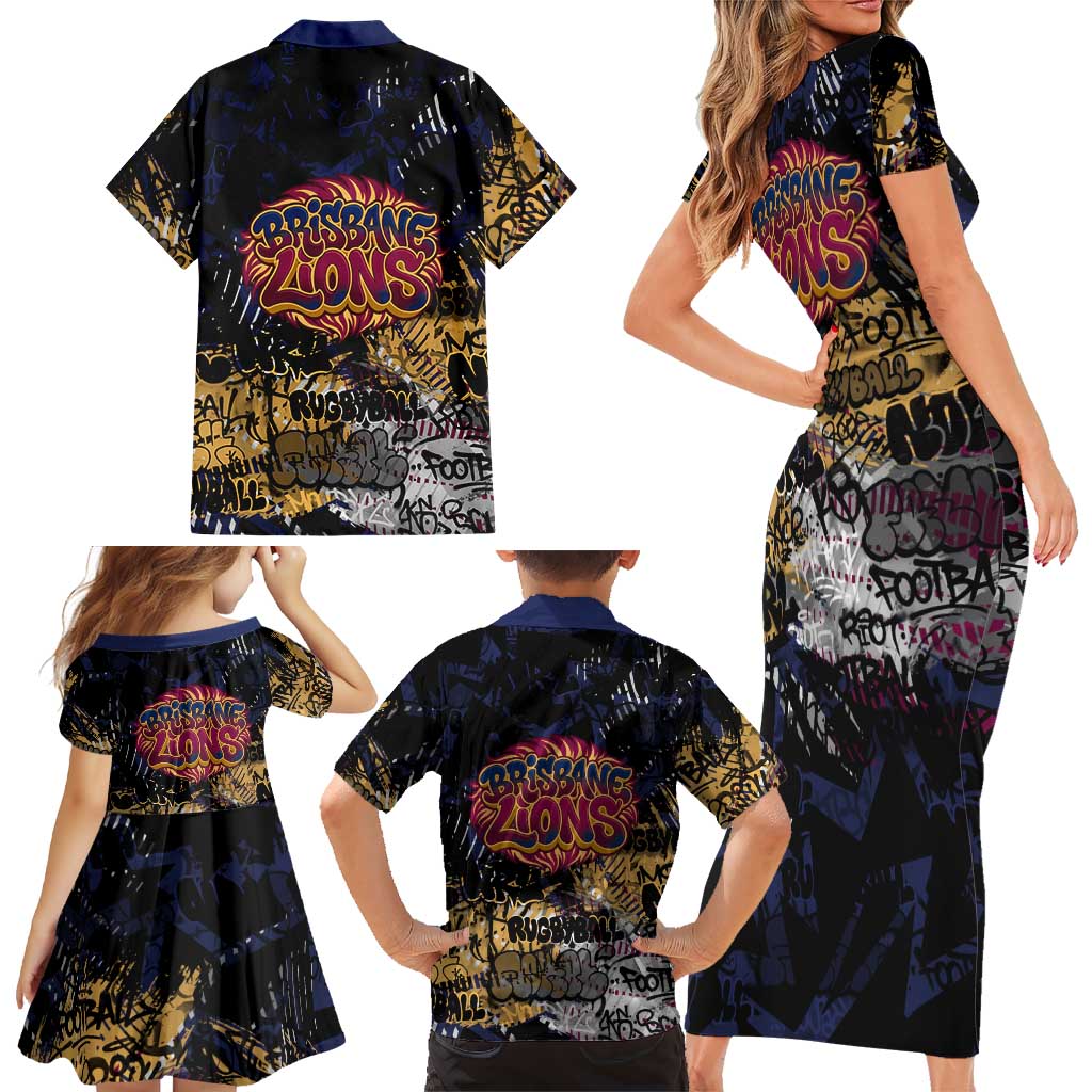 Brisbane Lions Family Matching Short Sleeve Bodycon Dress and Hawaiian Shirt Urban Graffiti Street Art - Bold Abstract Spray Paint
