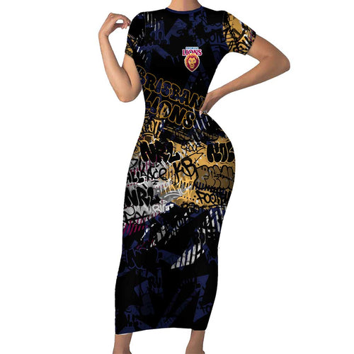 Brisbane Lions Family Matching Short Sleeve Bodycon Dress and Hawaiian Shirt Urban Graffiti Street Art - Bold Abstract Spray Paint