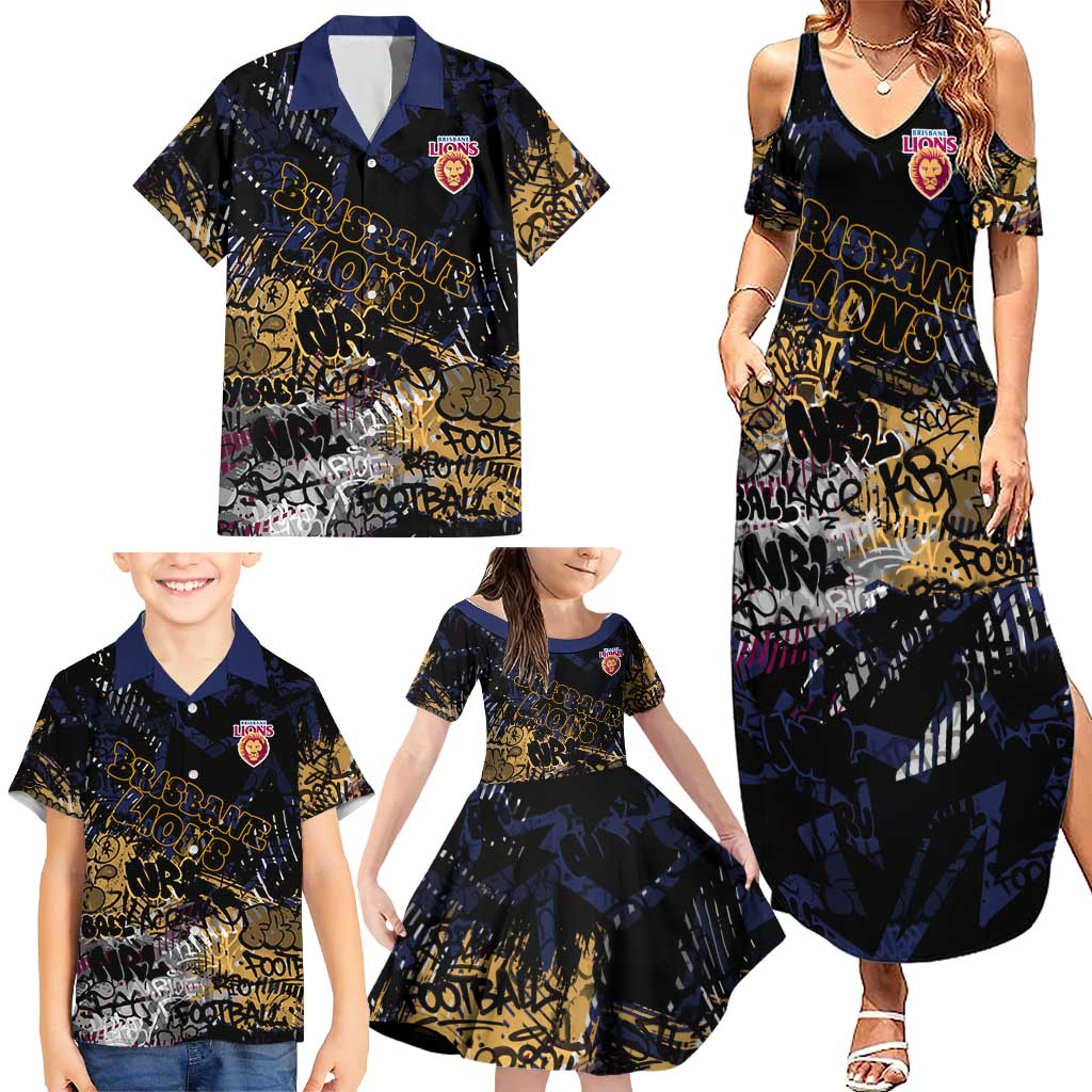 Brisbane Lions Family Matching Summer Maxi Dress and Hawaiian Shirt Urban Graffiti Street Art - Bold Abstract Spray Paint
