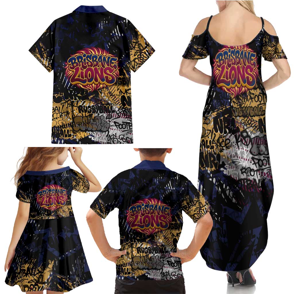 Brisbane Lions Family Matching Summer Maxi Dress and Hawaiian Shirt Urban Graffiti Street Art - Bold Abstract Spray Paint